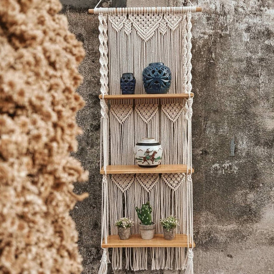 Étagère Murale Flottante en Bois et Macramé – Style Bohème Chic